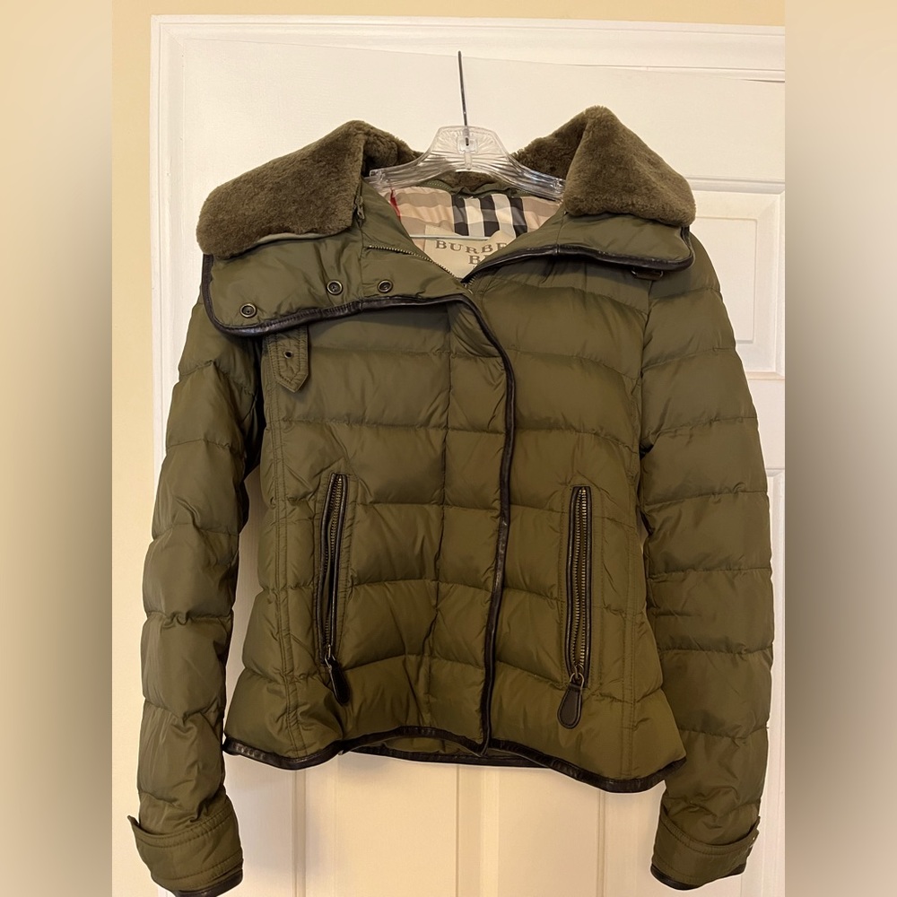 Burberry Brit Size Small Puffer Jacket, Olive green, Hooded